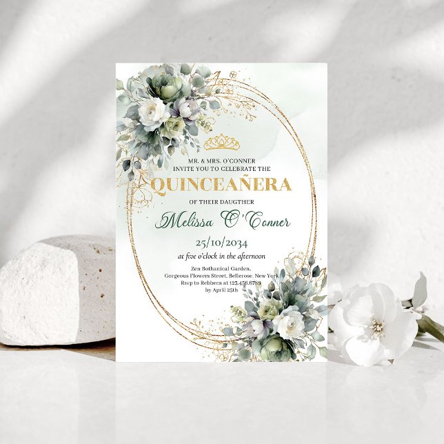 Invitation dorée et verte poussiéreuse de Quinceañ (Dusty Green Eucalyptus Quinceañera Gold Invitation)