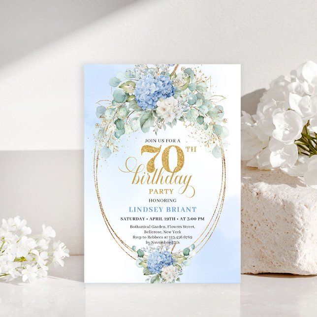 Invitation dorée florale bleue pour 70e anniversai (Bohemian 70th Birthday Blue Floral Gold Invitation)