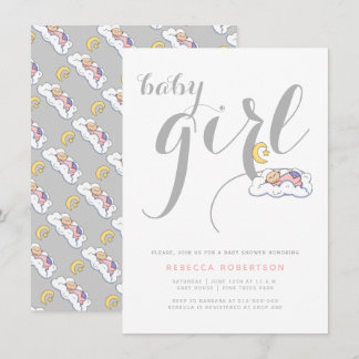 Invitation Dormir bébé fille douche gris typographie minimale