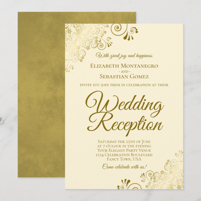 Invitation Dorures sur Crème Réception de Mariage Élégante (Devant / Derrière)