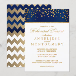 Invitation Dot Confetti bleu et or de la Marine - Dîner de ré