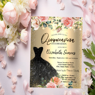 Invitation Dots Confetti d'or, Robe noire Rose Quinceañera
