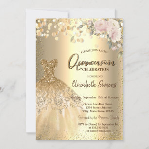 Invitation Dots Confetti d'or, Robe, Rose Quinceañera