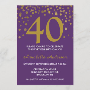Invitation Dots Confetti modernes en or violet 40e anniversai