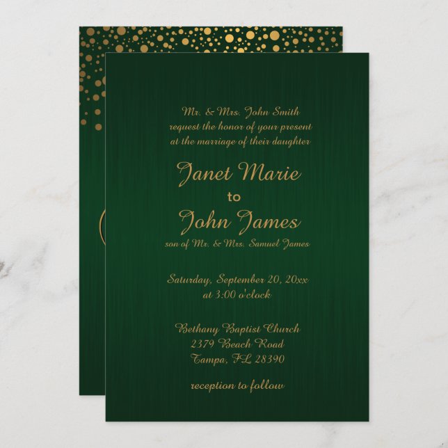 Invitation Dots Confetti Or Élégants| Vert foncé (Devant / Derrière)