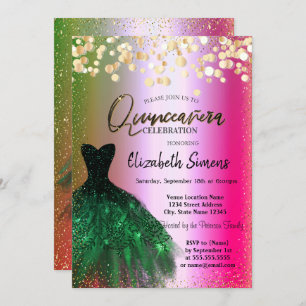 Invitation Dots Confetti Or, Robe Verte Ombre Quinceañera
