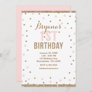 Invitation Dots Confetti Pink & Gold pour filles 1er annivers