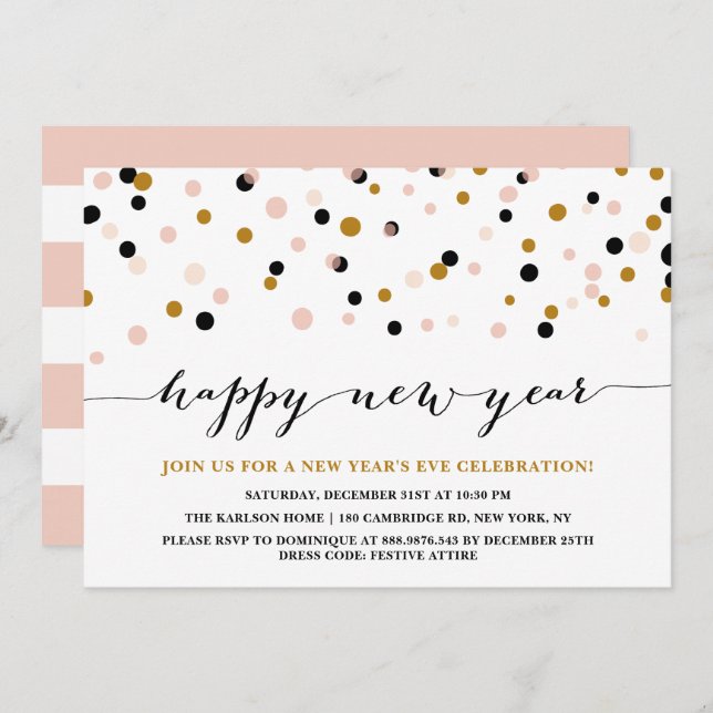 Invitation Dots Confetti rose et cuivre pour la fête de la Sa (Devant / Derrière)
