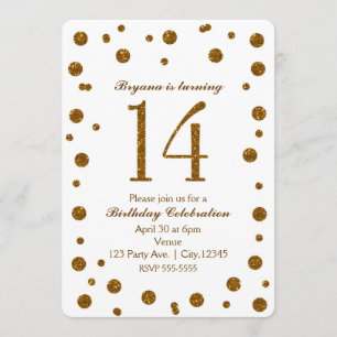 Invitation Dots de Parties scintillant blanc et or Doux 14 An
