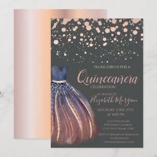 Invitation Dots d'or Rose moderne, Robe Chic Gris Quinceañera