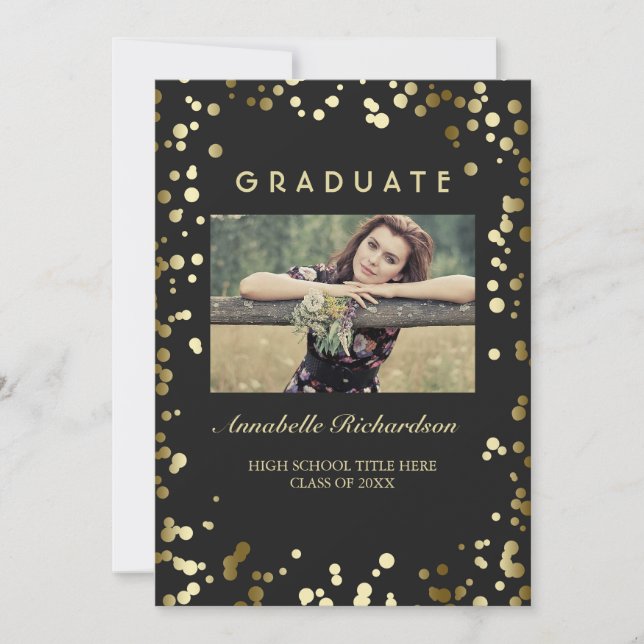 Invitation Dots Gold Confetti Black Elegant Photo Graduation (Devant)