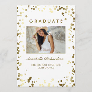 Invitation Dots Gold Confetti Blanc Élégant Photo Graduation