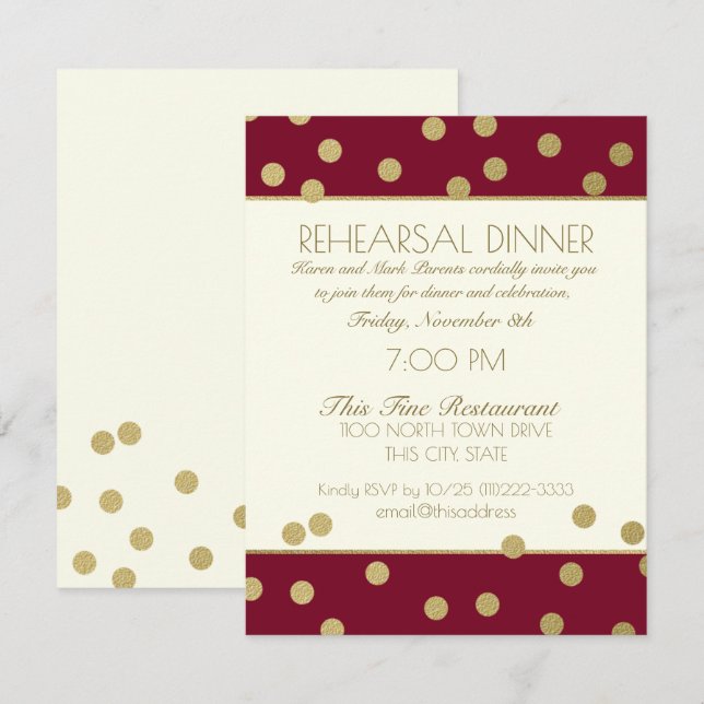 Invitation Dots Gold Confetti Dîner de répétition Bourgogne (Devant / Derrière)