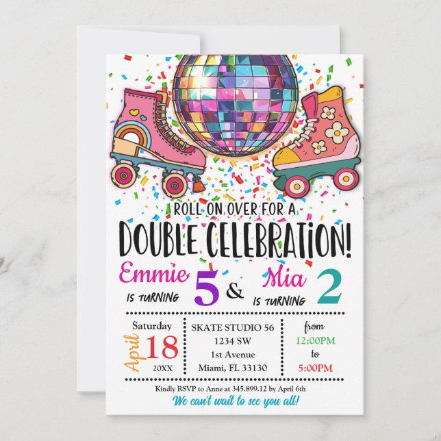 Invitation Double anniversaire de sœurs Célébration de roller (Devant)