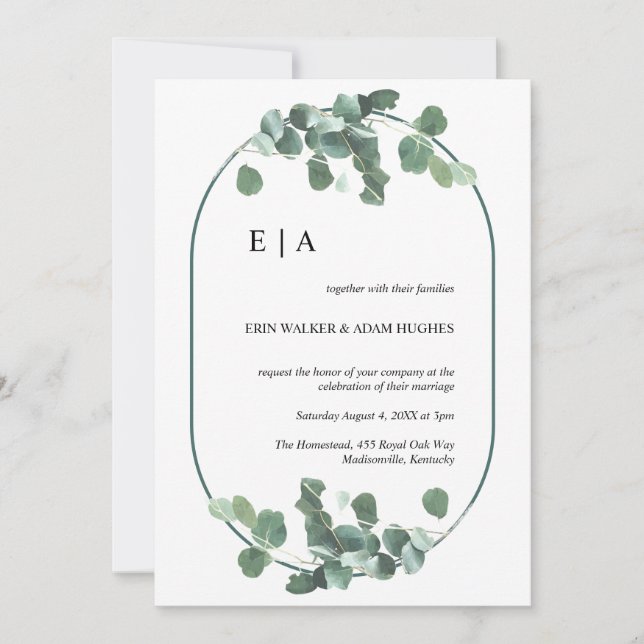 Invitation Double Arc Eucalyptus Verdure Monogramme simple (Devant)