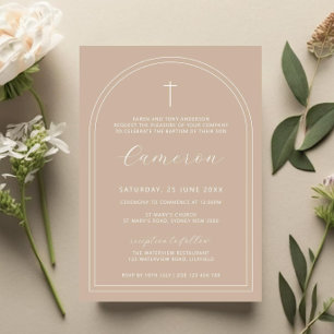 Invitation Double arc simple croix beige baptême baptême