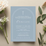 Invitation Double arc simple croix bleu baptême baptême baptê<br><div class="desc">Invitez votre invité à votre événement avec cette carte d'invitation au baptême simple et minimaliste, avec une double bordure en arc sur un arrière - plan bleu et une croix de dainty. Pour une personnalisation plus avancée de cette conception, par exemple la modification de la disposition, de la police ou...</div>