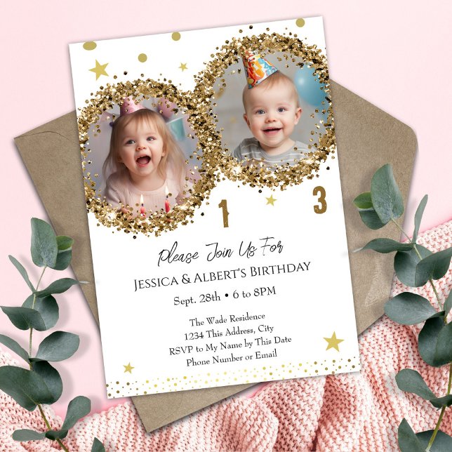 Invitation Double Birthday Gold Parties scintillant Enfants P (Créateur téléchargé)