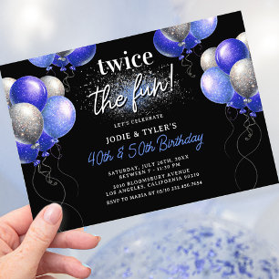 Invitation Double Bleu et Ballon Anniversaire Joint Argent