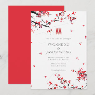 Invitation Double Bonheur Chinois Rouge Élégant Mariage