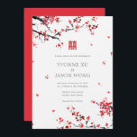 Invitation Double Bonheur Chinois Rouge Élégant Mariage<br><div class="desc">Un faire-part de mariage avec des feuilles/fleurs rouges en chute avec un double caractère xi.</div>