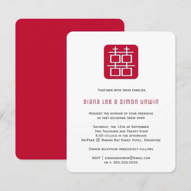 Invitation Double Bonheur contemporain | Mariage chinois (Devant / Derrière)