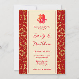 Invitation Double bonheur fleuri rouge mariage chinois