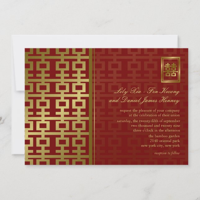 Invitation Double Bonheur Moderne Rouge et Or Mariage Chinois (Devant)