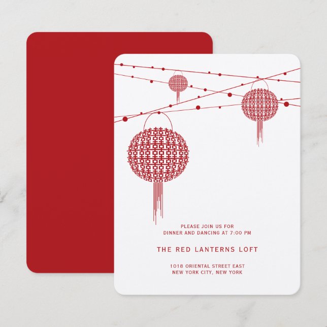 Invitation Double Bonheur Red Lanterns Réception de mariage (Devant / Derrière)