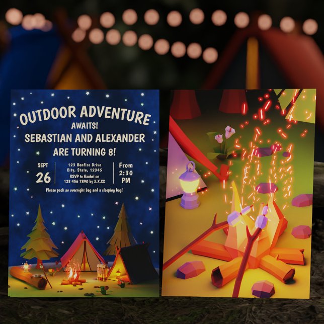 Invitation Double Camping Extérieur Aventure Attend Anniversa (Double Camping Outdoor Adventure Awaits Birthday Invitation)