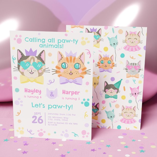 Invitation Double Celebration Cute Kitty Combiné Anniversaire (Double Celebration Cute Kitty Combined Birthday Invitation)