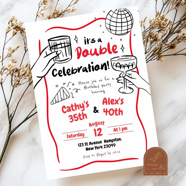 Invitation Double Célébration Dessinée à la Main Anniversaire (Créateur téléchargé)