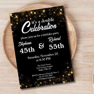 Invitation Double célébration Joyeux Anniversaire Noir Or