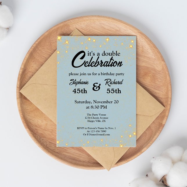 Invitation Double célébration Joyeux Anniversaire Or Bleu (Créateur téléchargé)