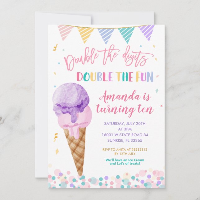 Invitation Double chiffres Double Fun Birthday Ice Cream (Devant)