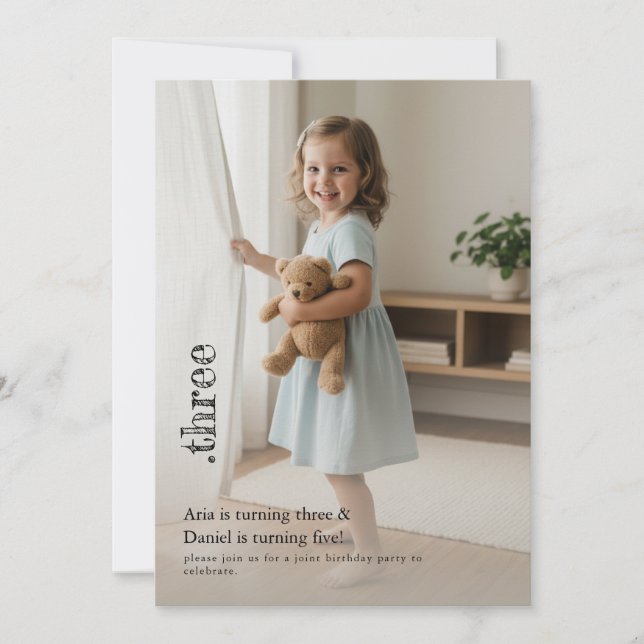 Invitation Double Child Kid Sibling Cute Photo Joint Party (Devant)