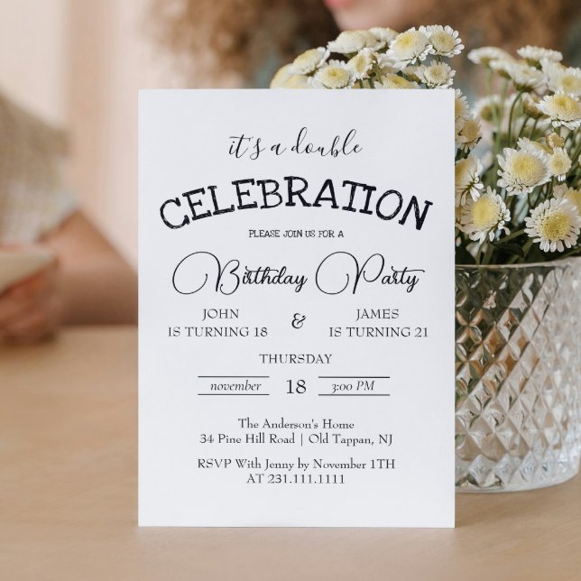 Invitation Double classique noir et blanc fête d'anniversaire (Créateur téléchargé)