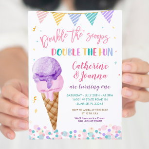 Invitation Double de la crème glacée Scoops Twin Birthday Col