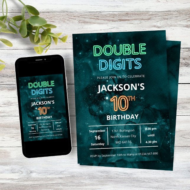 Invitation Double Digits Boys Neon Space 10th Birthday (Double Digits Neon Space Galaxy Boys 10th Birthday Party Invitation)
