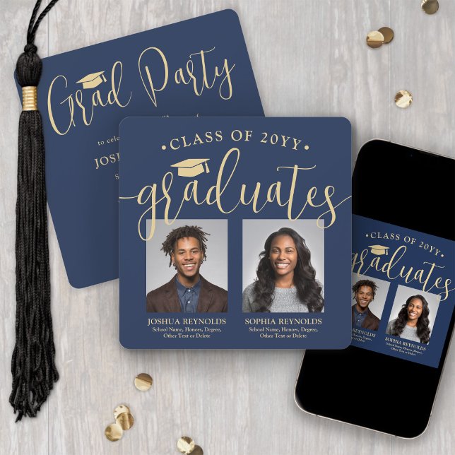Invitation Double Diplomation 2 Photos Navy & Gold Soirée Com (Créateur téléchargé)
