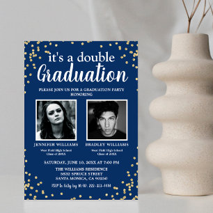 Invitation Double Diplôme Deux Photo Diplômé Bleu