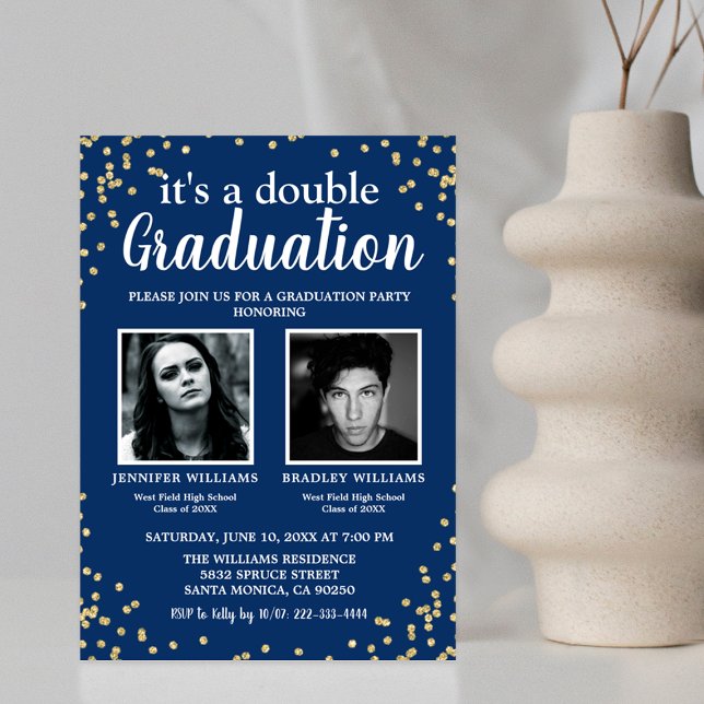 Invitation Double Diplôme Deux Photo Diplômé Bleu (Créateur téléchargé)
