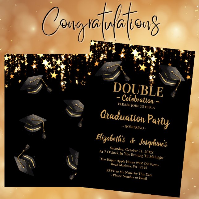 Invitation Double élégance noire fête de graduation (Créateur téléchargé)