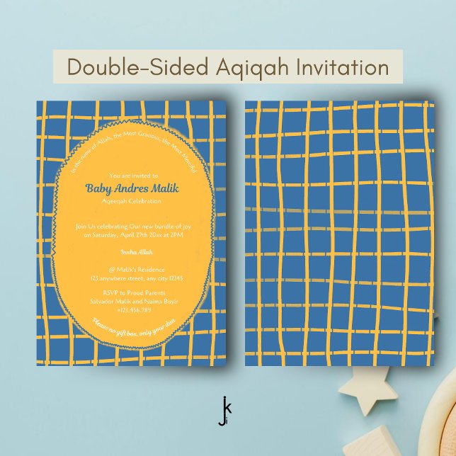 Invitation Double face bleu jaune plaid lumineux dessiné à la (Créateur téléchargé)