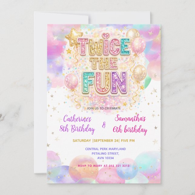 Invitation Double Fête Anniversaire Paillettes Pastel (Devant)