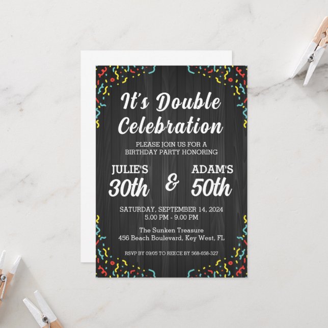 Invitation Double fête d'anniversaire (Devant/Arrière en situation)