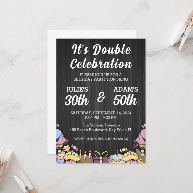 Invitation Double fête d'anniversaire (Devant/Arrière en situation)