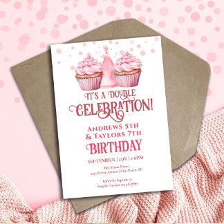 Invitation Double fête d'anniversaire Enfants Pink Cupcakes
