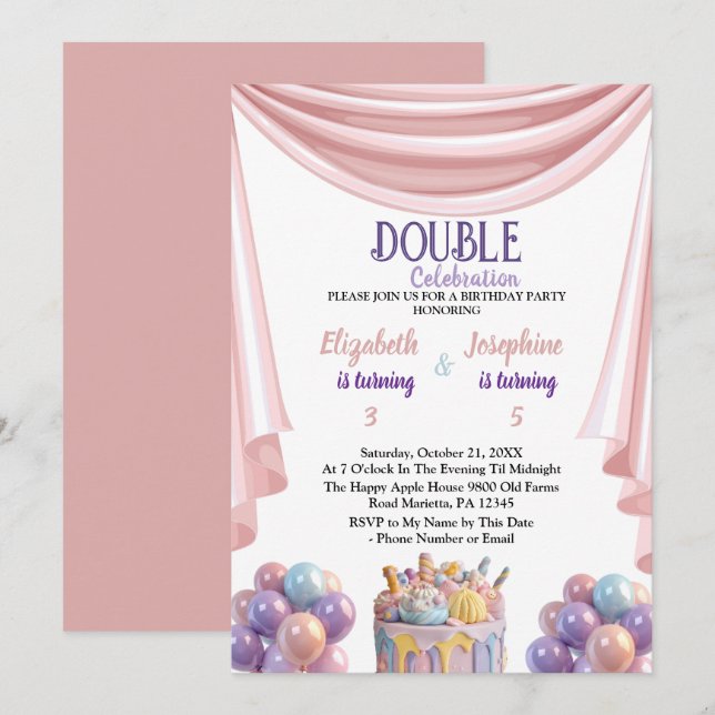 Invitation Double fête d'anniversaire pour enfants (Devant / Derrière)