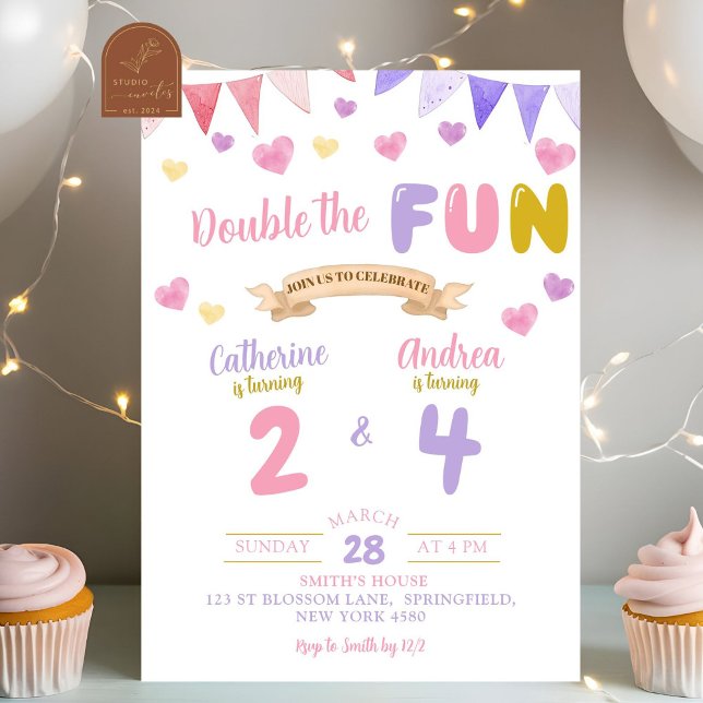 Invitation Double Fun pour les Cœurs Sœurs Fête d'Anniversair (Créateur téléchargé)